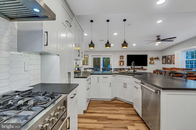 kitchen with white cabinetry, stainless steel appliances, range hood, and tasteful backsplash