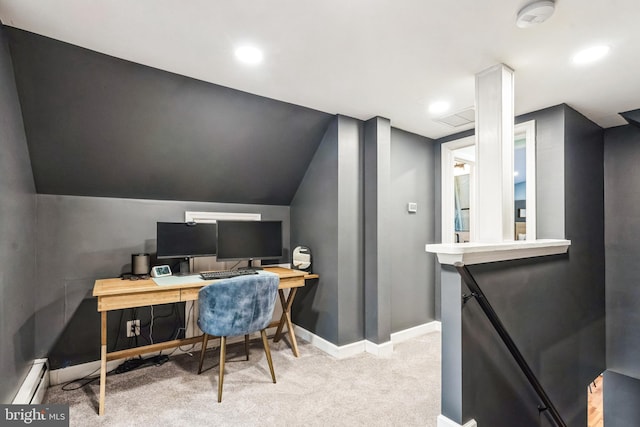 office with vaulted ceiling, light carpet, and a baseboard radiator