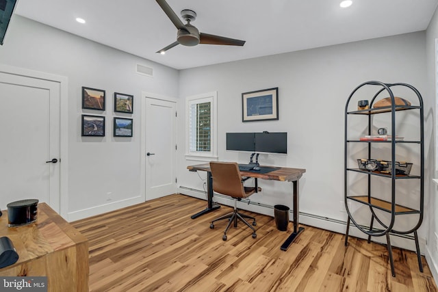 office space with ceiling fan and light hardwood / wood-style floors