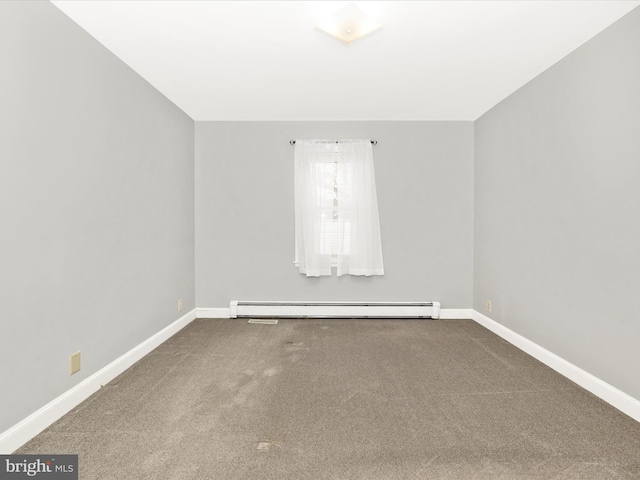 unfurnished room featuring carpet and a baseboard radiator