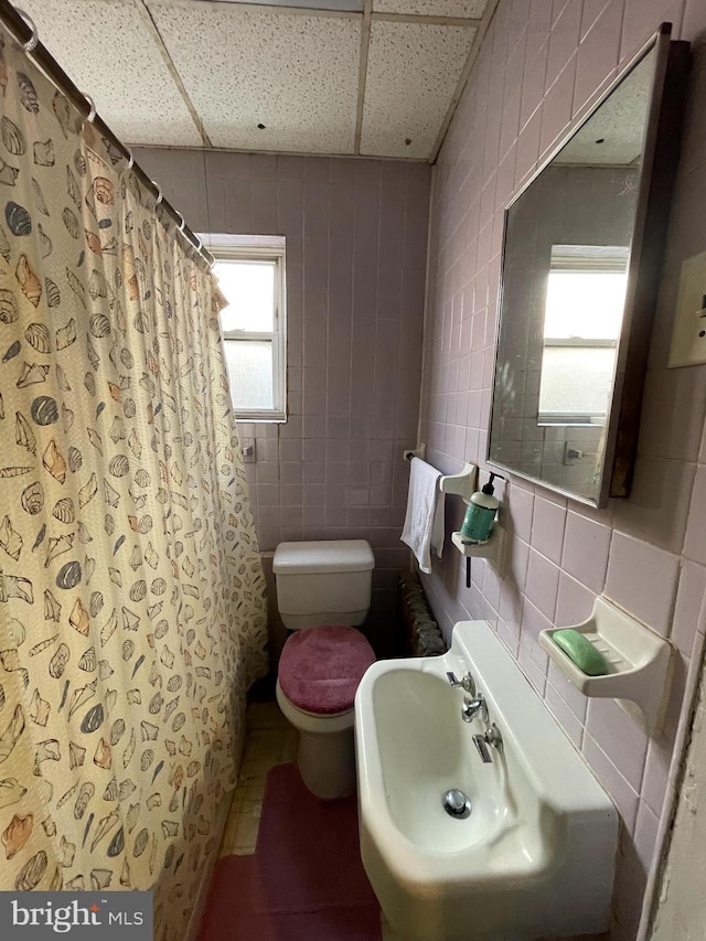 bathroom with a paneled ceiling, sink, tile walls, and toilet