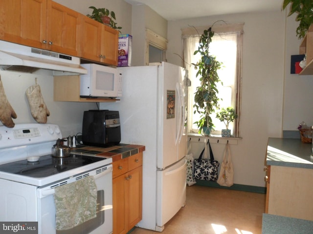 kitchen with plenty of natural light, tile counters, and white appliances