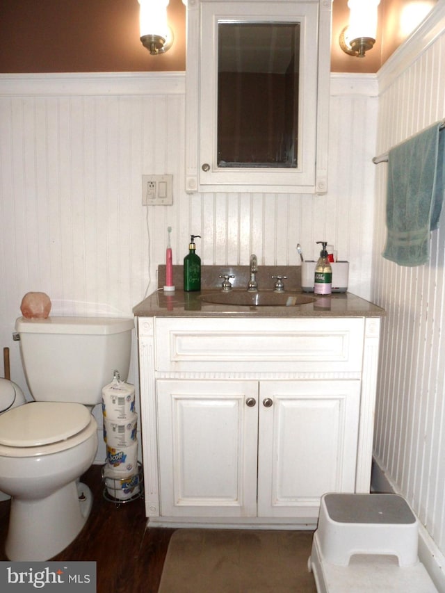 bathroom with vanity, wood-type flooring, and toilet