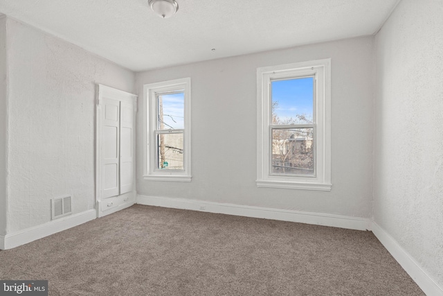 empty room featuring carpet floors, a healthy amount of sunlight, and a textured ceiling