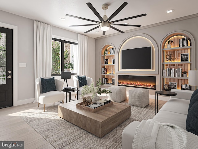 living room featuring ceiling fan and light hardwood / wood-style floors