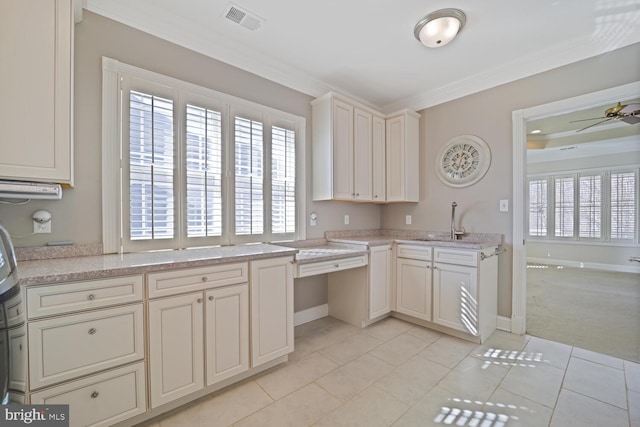 kitchen with ornamental molding, a wealth of natural light, a sink, and visible vents