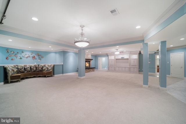 unfurnished living room featuring visible vents, crown molding, and light carpet