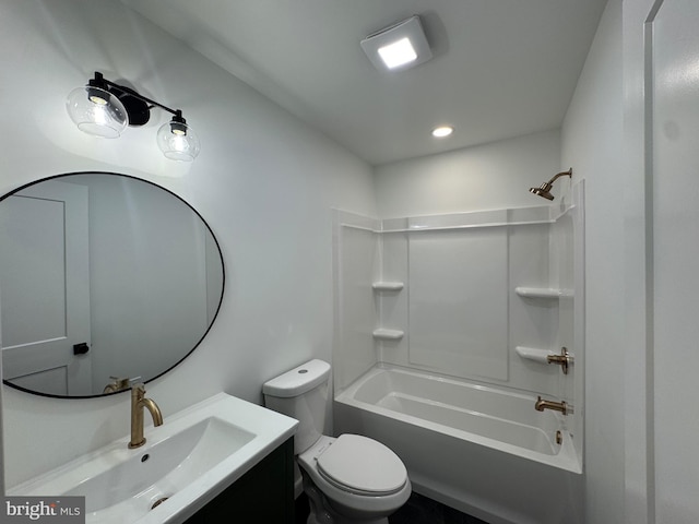 full bathroom with toilet, vanity, and bathing tub / shower combination