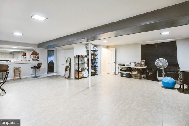 workout area featuring a bar and tile patterned floors