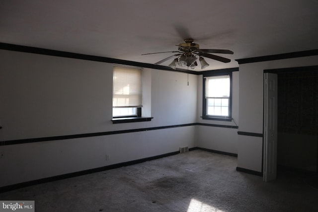 carpeted spare room with ceiling fan and ornamental molding