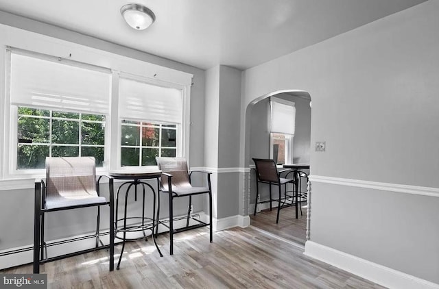 dining area with light hardwood / wood-style floors and a baseboard radiator