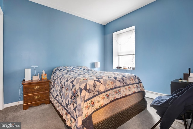 bedroom with carpet floors and a baseboard heating unit