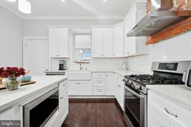 kitchen featuring decorative backsplash, wall chimney exhaust hood, stainless steel appliances, sink, and white cabinets