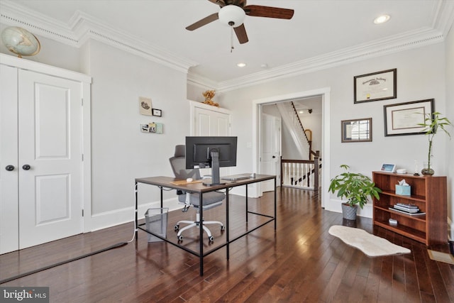 office space featuring dark hardwood / wood-style floors and ornamental molding