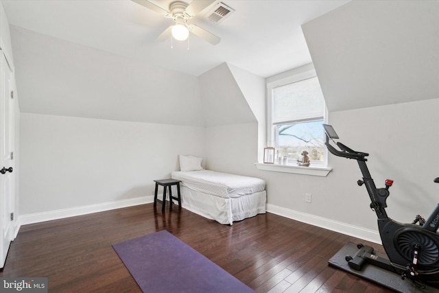 bedroom featuring lofted ceiling, ceiling fan, and dark hardwood / wood-style floors