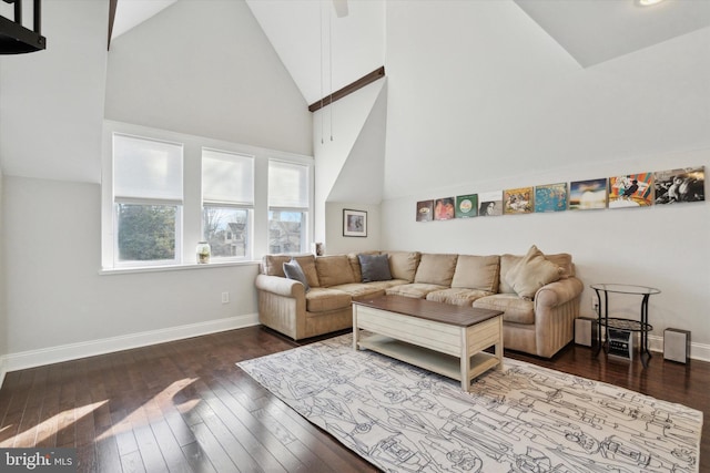 living room featuring high vaulted ceiling and wood-type flooring