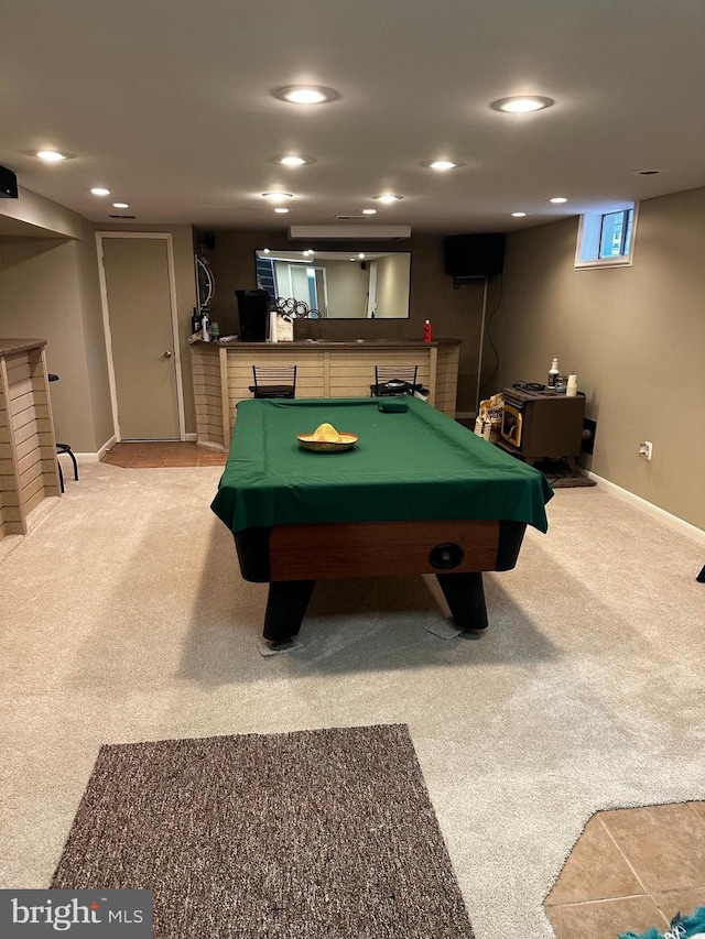 recreation room featuring light carpet and pool table