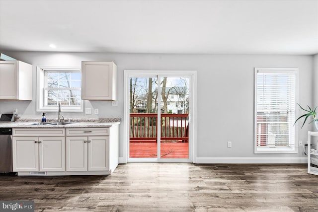 kitchen with stainless steel dishwasher, plenty of natural light, white cabinetry, and sink