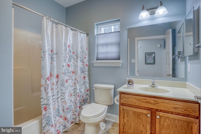 full bathroom with shower / bathtub combination with curtain, vanity, and toilet