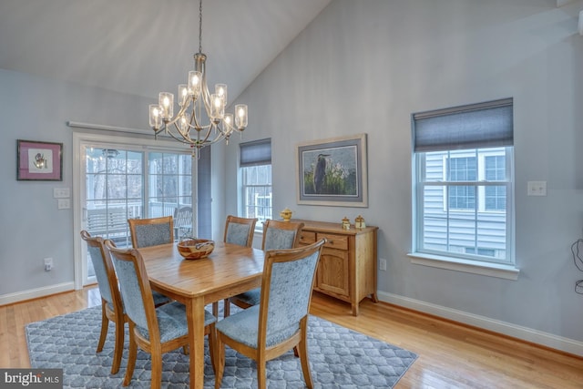 dining room with a chandelier, light hardwood / wood-style floors, high vaulted ceiling, and plenty of natural light