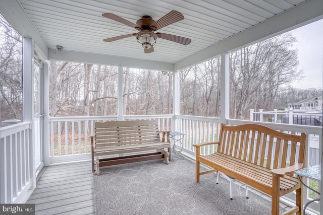 sunroom / solarium with ceiling fan and a healthy amount of sunlight