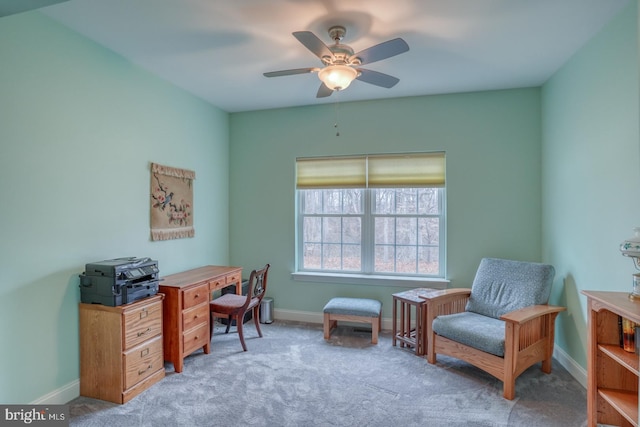 home office with light colored carpet and ceiling fan