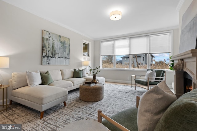 living room with a warm lit fireplace, baseboards, ornamental molding, and wood finished floors