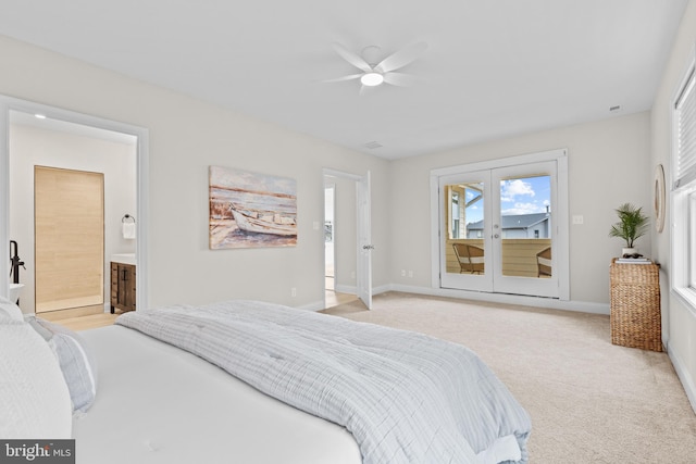 bedroom featuring a ceiling fan, access to outside, light colored carpet, and baseboards