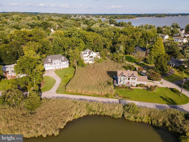 drone / aerial view with a water view and a view of trees