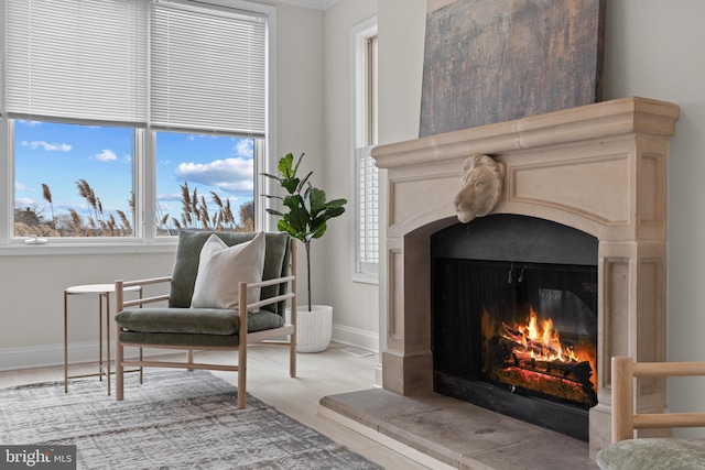 living area with a high end fireplace and baseboards