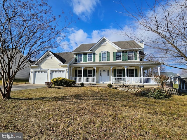 view of front facade featuring a garage, covered porch, and a front lawn