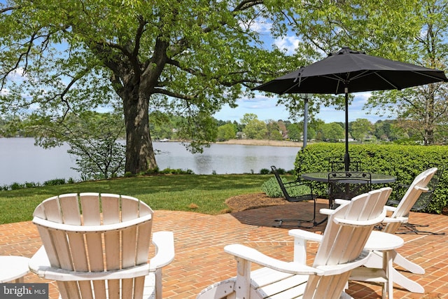 view of patio with a water view