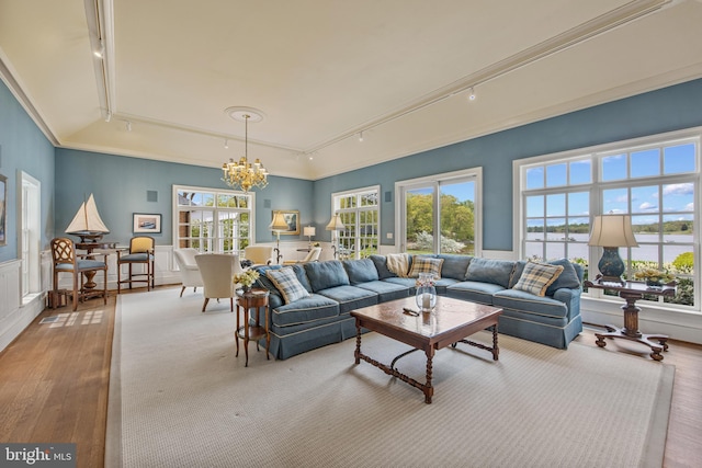 living room featuring rail lighting, a water view, wood finished floors, and a wealth of natural light