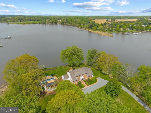 drone / aerial view with a water view