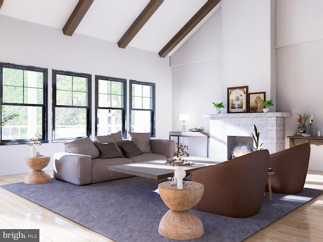 living room featuring high vaulted ceiling, beamed ceiling, and light wood-type flooring