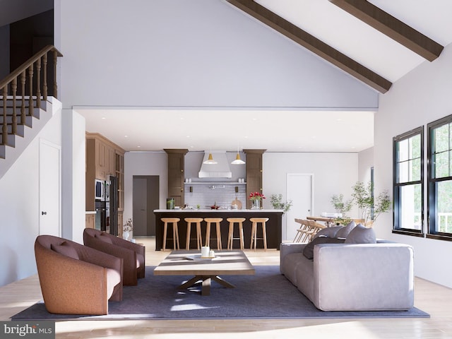 living room with light hardwood / wood-style floors, high vaulted ceiling, and beamed ceiling