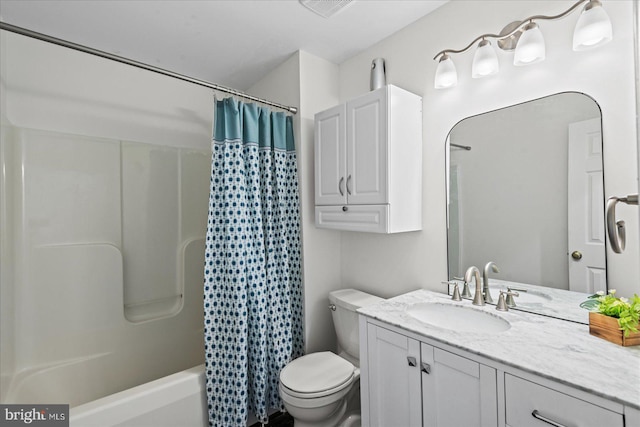 full bathroom with toilet, vanity, and shower / bath combination with curtain