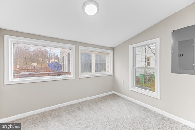 carpeted empty room featuring electric panel and lofted ceiling