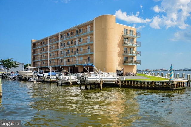 dock area with a water view