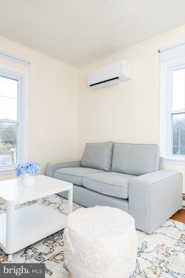 living room with a healthy amount of sunlight, ornamental molding, a textured ceiling, and a wall unit AC