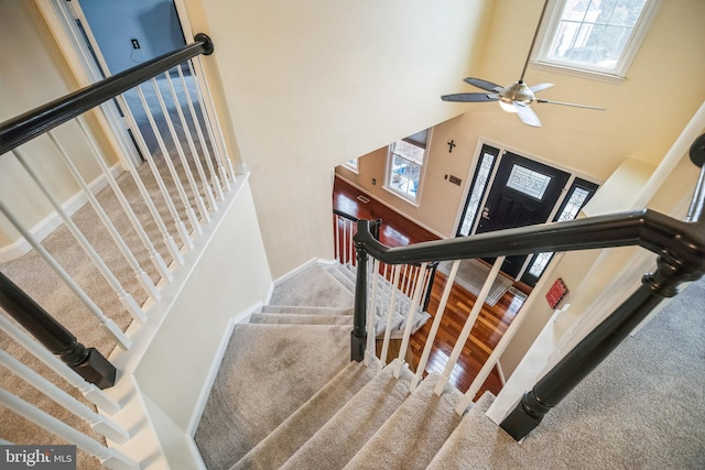 staircase with hardwood / wood-style floors and a high ceiling