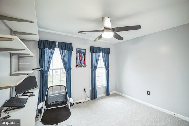 carpeted office featuring ceiling fan and plenty of natural light