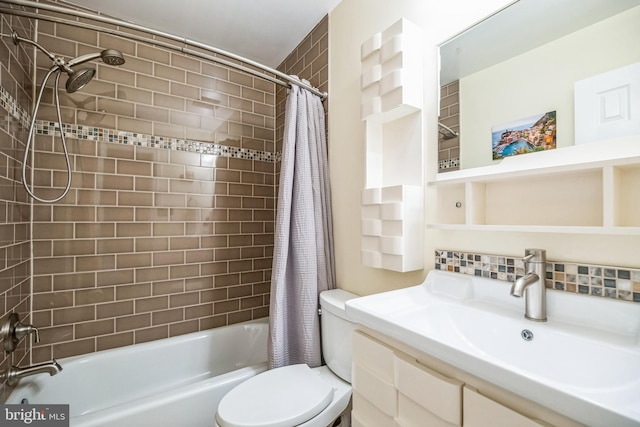 full bathroom with tasteful backsplash, sink, shower / bathtub combination with curtain, and toilet