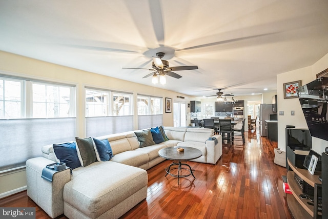 living room with dark hardwood / wood-style flooring