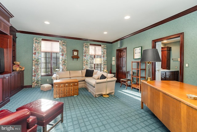 living room featuring carpet flooring and ornamental molding