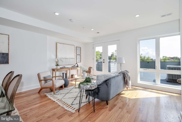 living room with light hardwood / wood-style floors and french doors