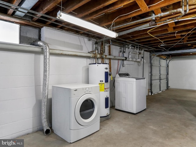 clothes washing area featuring washing machine and dryer and water heater