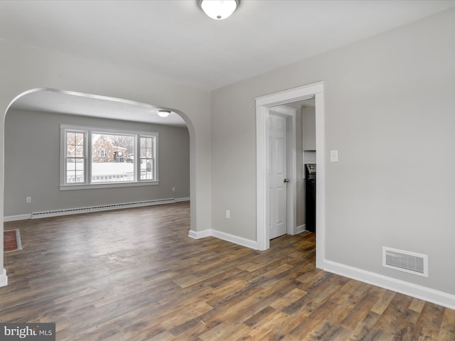 empty room featuring a baseboard radiator and dark wood-type flooring