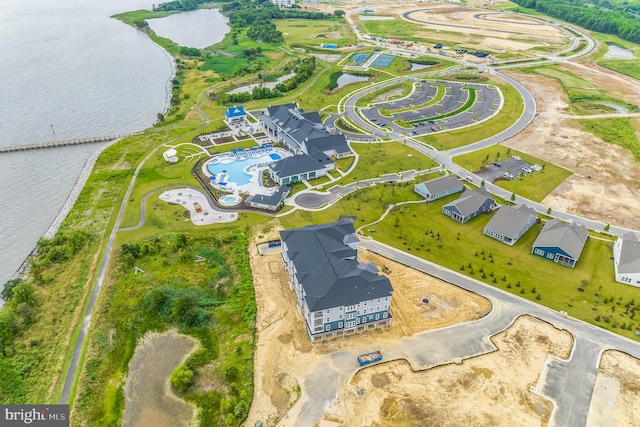 drone / aerial view featuring a water view