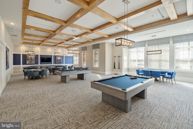 recreation room featuring beamed ceiling, light colored carpet, coffered ceiling, and billiards